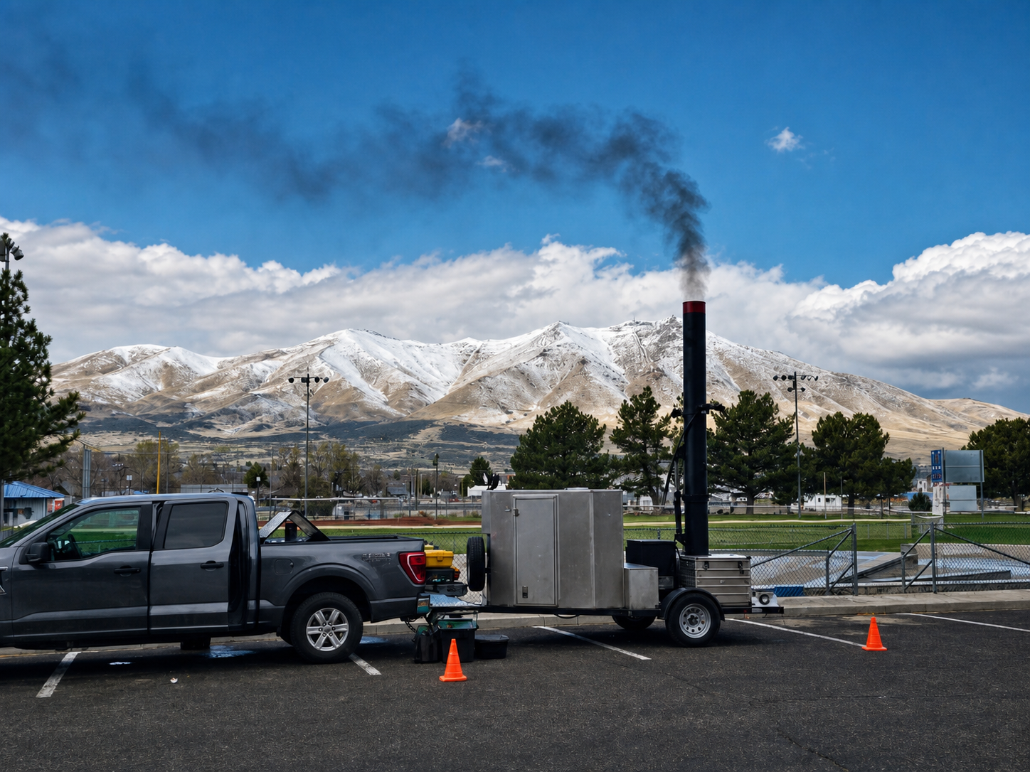 Opaque Smoke School field testing equipment producing a visible plume with snow-covered mountains in the background